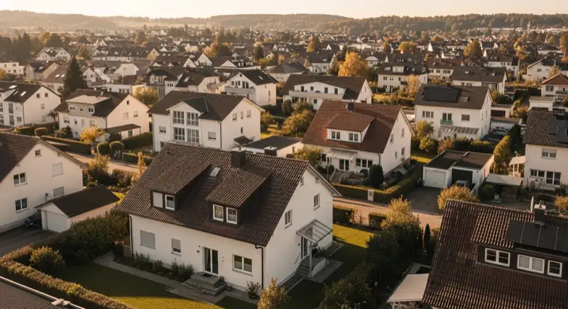 Wohngebiete in Landshut mit verschiedenen Bauformen, typische Einfamilienhäuser und Dachstrukturen aus der Luft