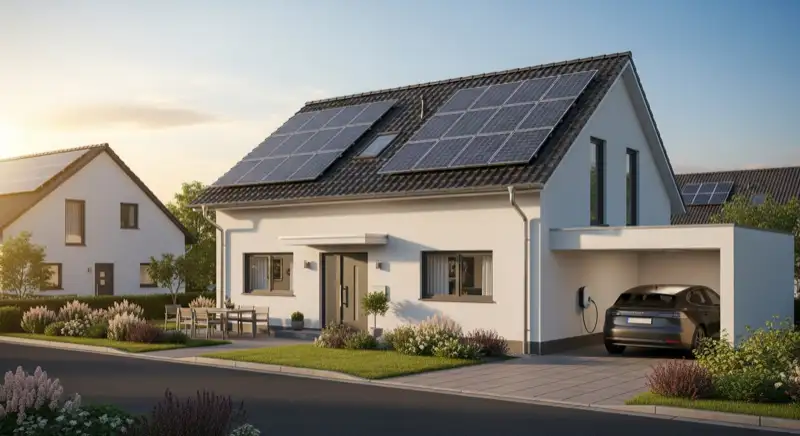 Einfamilienhaus in Lehrte mit Photovoltaikanlage auf dem Dach und Elektroauto an der Wallbox in der Garage