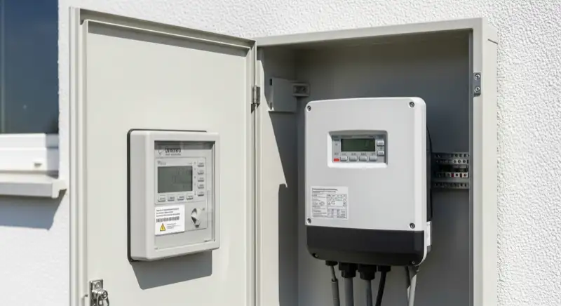 Modern German electrical meter cabinet (Zählerschrank) with smart meter and solar inverter connection, clean technical installation