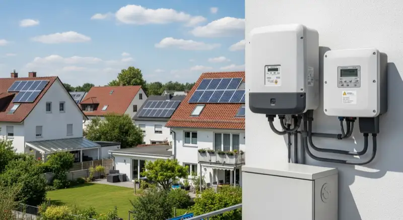 Modern German electrical meter cabinet (Zählerschrank) with smart meter and solar inverter connection, clean technical installation