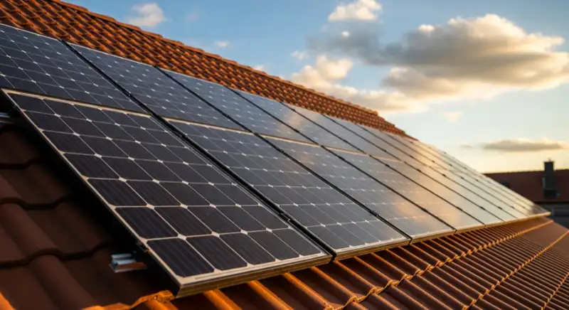 Close-up of photovoltaic solar panels installed on a traditional German Satteldach (gabled roof), blue sky with some clouds