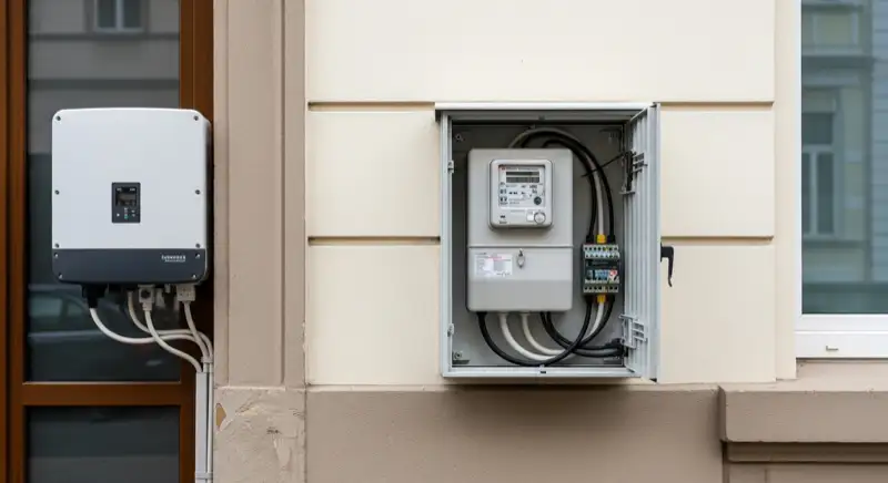 Modern German electrical meter cabinet (Zählerschrank) with smart meter and solar inverter connection, clean technical installation