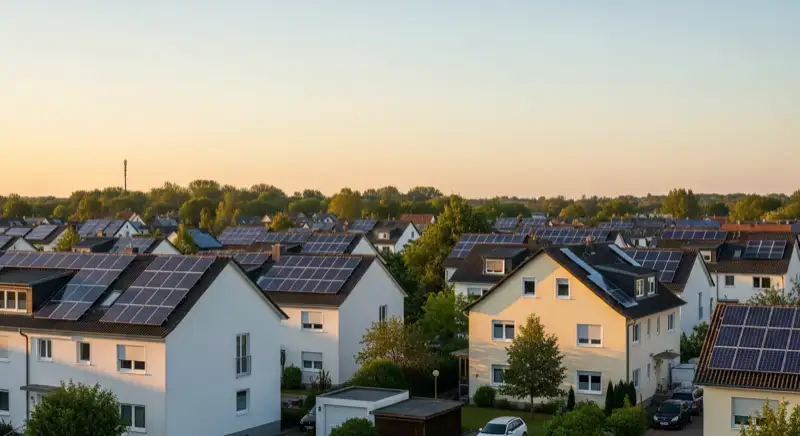 Aerial drone view of typical German residential neighborhood with mixed roof types, red and dark roof tiles, gardens visible, sunny day