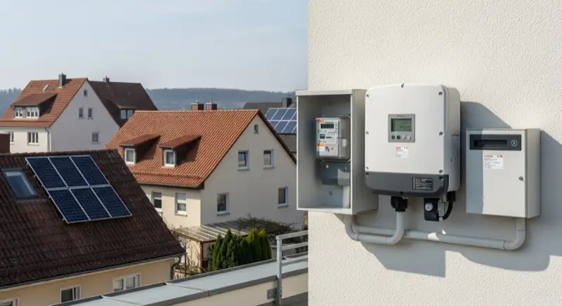 Modern German electrical meter cabinet (Zählerschrank) with smart meter and solar inverter connection, clean technical installation