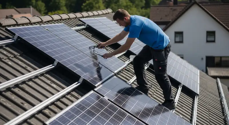Installateur bei der Photovoltaik-Montage auf einem Einfamilienhaus in Leonberg