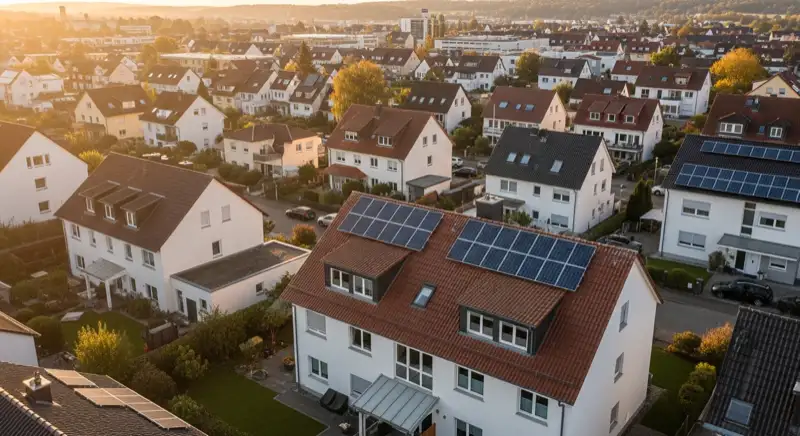 Aerial drone view of typical German residential neighborhood with mixed roof types, red and dark roof tiles, gardens visible, sunny day