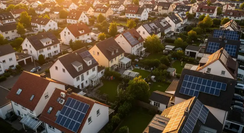 Aerial drone view of typical German residential neighborhood with mixed roof types, red and dark roof tiles, gardens visible, sunny day