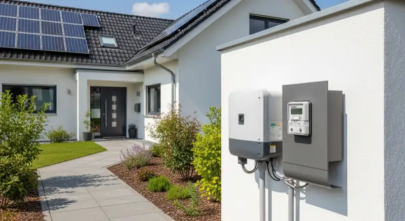 Modern German electrical meter cabinet (Zählerschrank) with smart meter and solar inverter connection, clean technical installation
