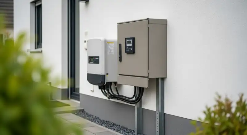Modern German electrical meter cabinet (Zählerschrank) with smart meter and solar inverter connection, clean technical installation