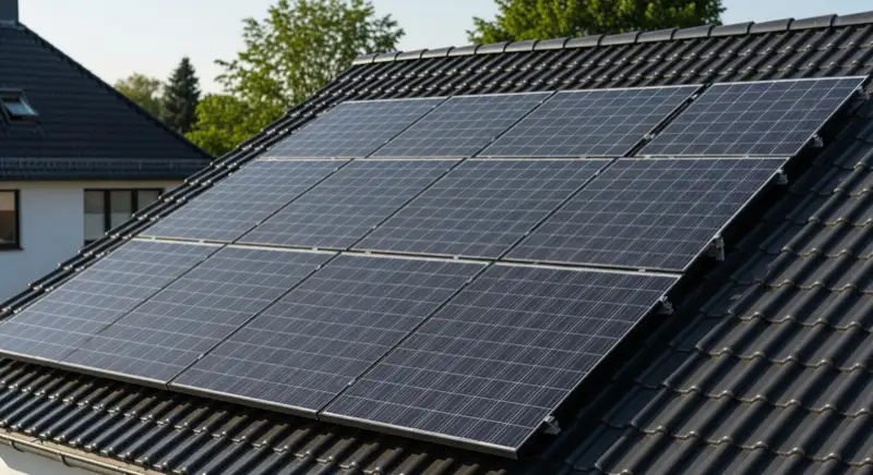 Modernes Einfamilienhaus mit monokristallinen Solarmodulen auf typischem Sauerländer Steildach in Lüdenscheid