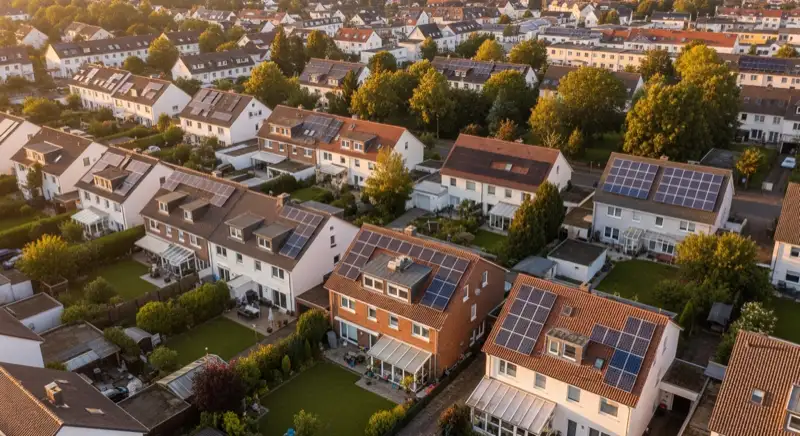 Aerial drone view of typical German residential neighborhood with mixed roof types, red and dark roof tiles, gardens visible, sunny day