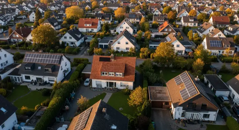 Aerial drone view of typical German residential neighborhood with mixed roof types, red and dark roof tiles, gardens visible, sunny day