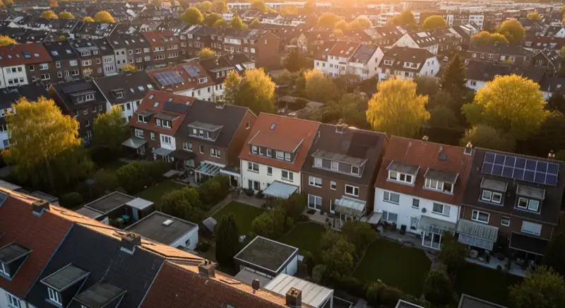 Aerial drone view of typical German residential neighborhood with mixed roof types, red and dark roof tiles, gardens visible, sunny day