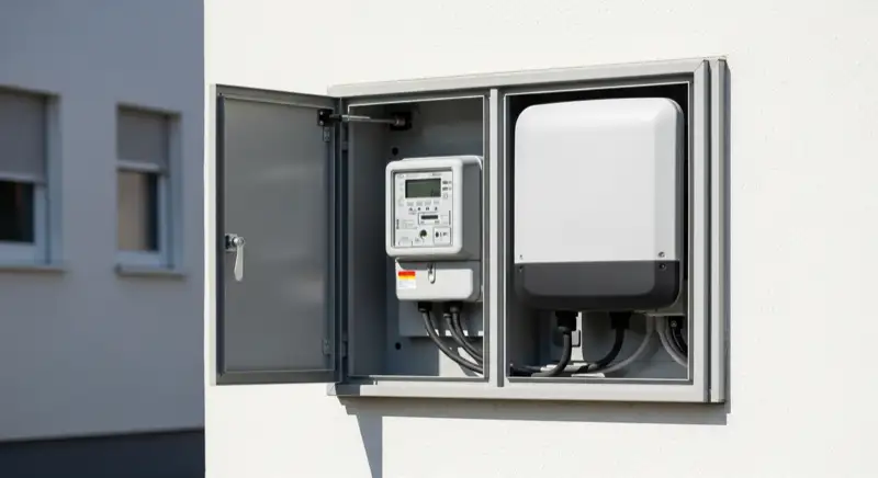 Modern German electrical meter cabinet (Zählerschrank) with smart meter and solar inverter connection, clean technical installation