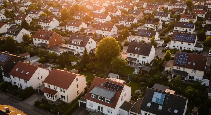 Aerial drone view of typical German residential neighborhood with mixed roof types, red and dark roof tiles, gardens visible, sunny day
