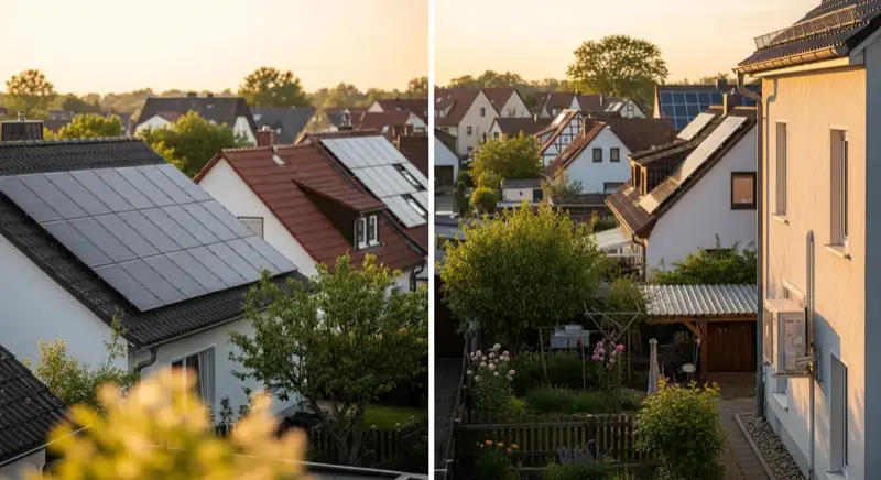 Aerial drone view of typical German residential neighborhood with mixed roof types, red and dark roof tiles, gardens visible, sunny day