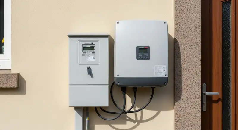 Modern German electrical meter cabinet (Zählerschrank) with smart meter and solar inverter connection, clean technical installation