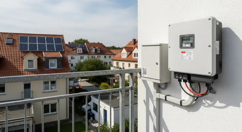 Modern German electrical meter cabinet (Zählerschrank) with smart meter and solar inverter connection, clean technical installation