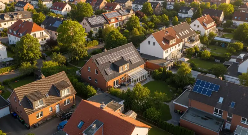 Aerial drone view of typical German residential neighborhood with mixed roof types, red and dark roof tiles, gardens visible, sunny day