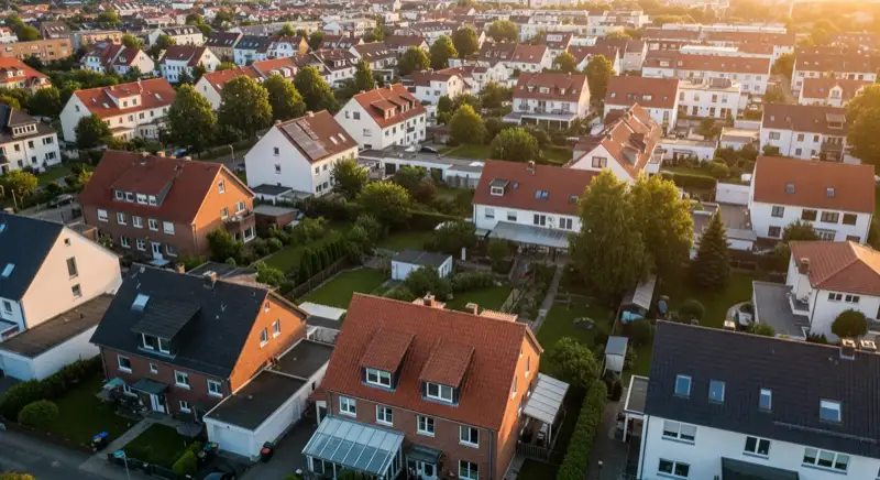 Aerial drone view of typical German residential neighborhood with mixed roof types, red and dark roof tiles, gardens visible, sunny day