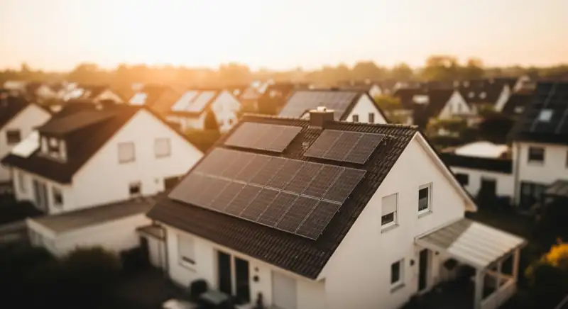 Maintaler Einfamilienhausdach mit Photovoltaikanlage in einer Wohnsiedlung