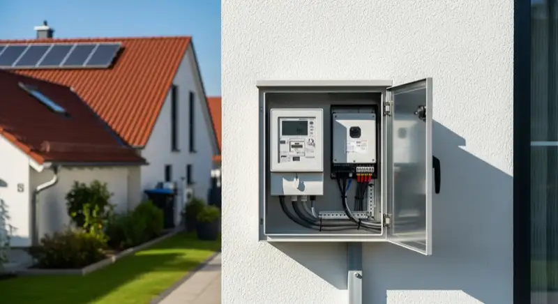 Modern German electrical meter cabinet (Zählerschrank) with smart meter and solar inverter connection, clean technical installation