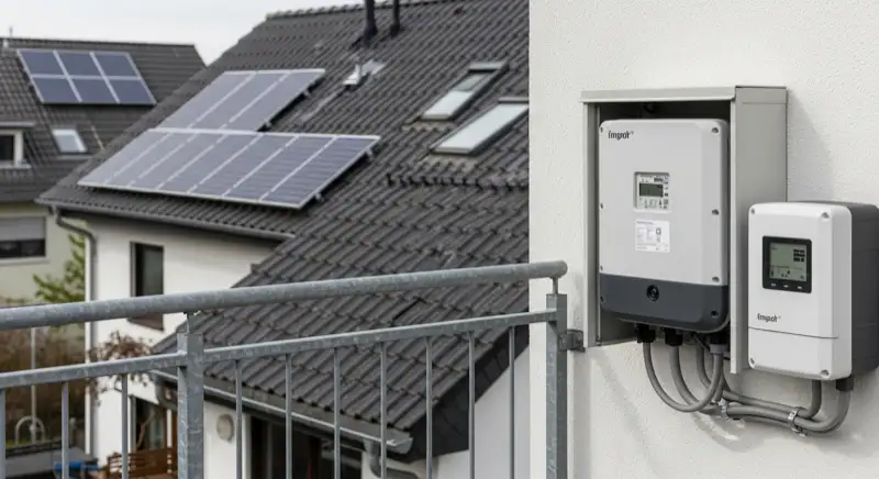 Modern German electrical meter cabinet (Zählerschrank) with smart meter and solar inverter connection, clean technical installation
