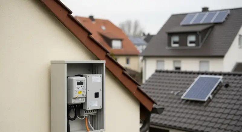 Modern German electrical meter cabinet (Zählerschrank) with smart meter and solar inverter connection, clean technical installation