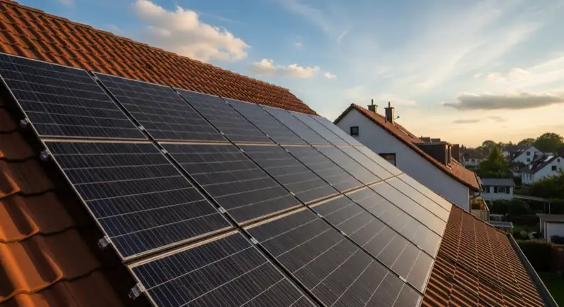 Close-up of photovoltaic solar panels installed on a traditional German Satteldach (gabled roof), blue sky with some clouds