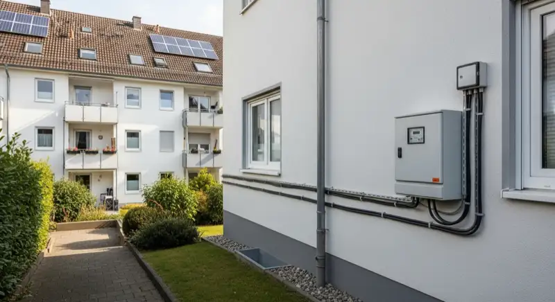 Modern German electrical meter cabinet (Zählerschrank) with smart meter and solar inverter connection, clean technical installation