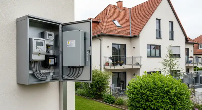 Modern German electrical meter cabinet (Zählerschrank) with smart meter and solar inverter connection, clean technical installation