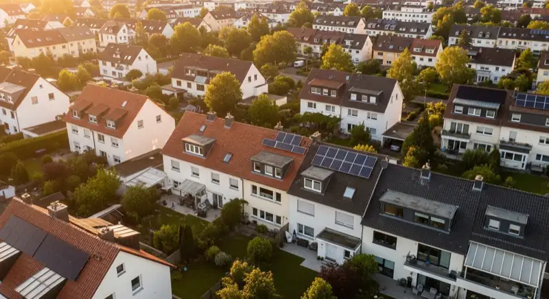 Aerial drone view of typical German residential neighborhood with mixed roof types, red and dark roof tiles, gardens visible, sunny day