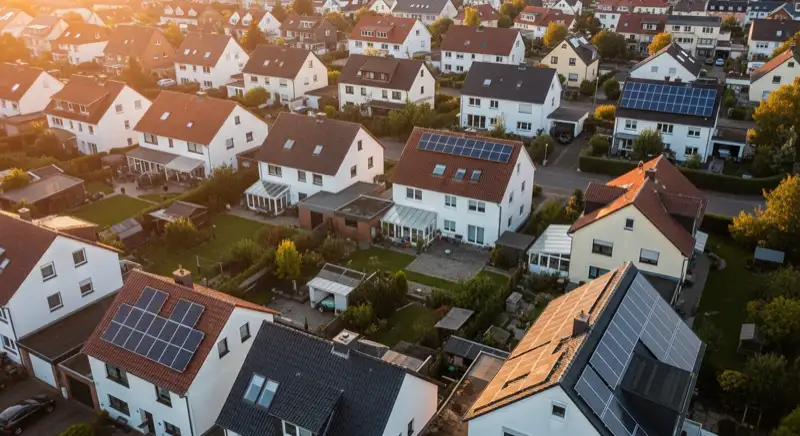 Aerial drone view of typical German residential neighborhood with mixed roof types, red and dark roof tiles, gardens visible, sunny day