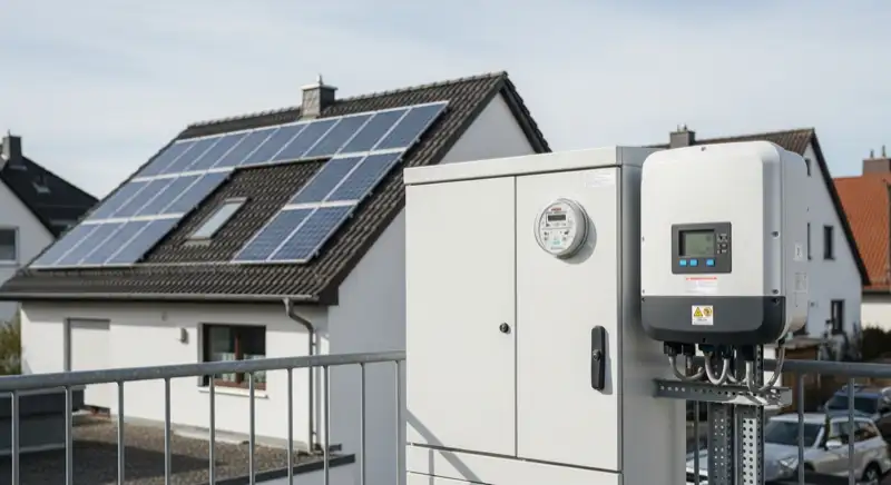 Modern German electrical meter cabinet (Zählerschrank) with smart meter and solar inverter connection, clean technical installation