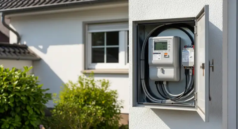 Modern German electrical meter cabinet (Zählerschrank) with smart meter and solar inverter connection, clean technical installation