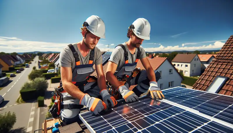 Solartechniker bei der Installation von PV Modulen auf einem Dach in Mönchengladbach