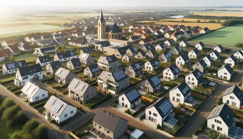 Luftaufnahme einer Wohnsiedlung in Mönchengladbach mit Solardächern