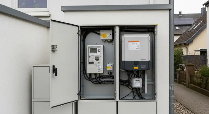 Modern German electrical meter cabinet (Zählerschrank) with smart meter and solar inverter connection, clean technical installation