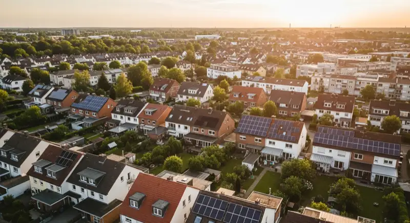 Aerial drone view of typical German residential neighborhood with mixed roof types, red and dark roof tiles, gardens visible, sunny day
