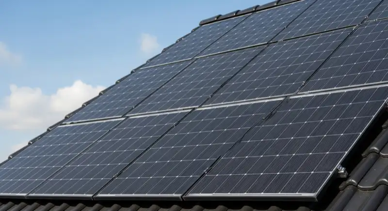 Modernes Einfamilienhaus in Moers mit schwarzen monokristallinen Solarmodulen auf dem Schrägdach