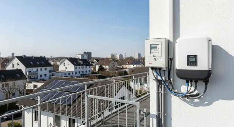 Modern German electrical meter cabinet (Zählerschrank) with smart meter and solar inverter connection, clean technical installation