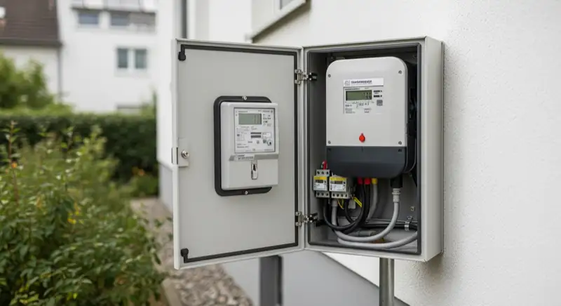 Modern German electrical meter cabinet (Zählerschrank) with smart meter and solar inverter connection, clean technical installation