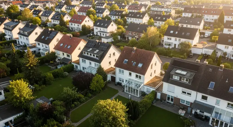 Aerial drone view of typical German residential neighborhood with mixed roof types, red and dark roof tiles, gardens visible, sunny day