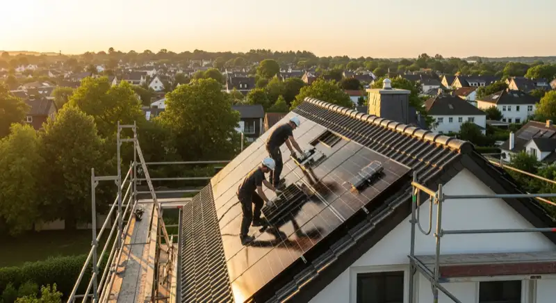 Solarinstallateure bei der Montage von Photovoltaikmodulen auf einem Dach in Mülheim an der Ruhr