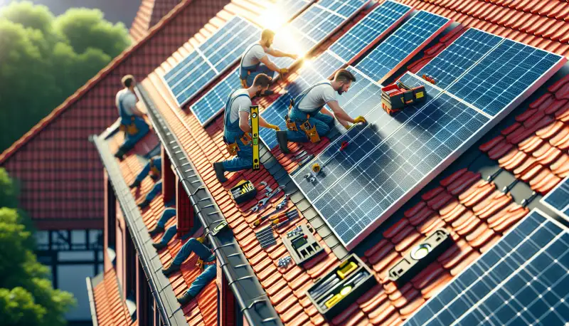 Installation von Solarmodulen auf einem Ziegeldach in Münster