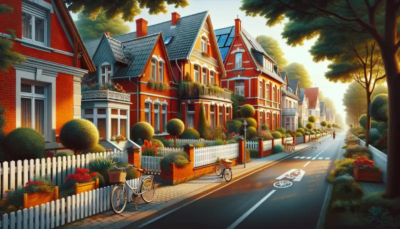 Münsteraner Wohnstraße mit Fahrrad im Vordergrund und Solardächern im Hintergrund