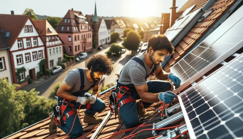 Handwerker bei der Installation einer Photovoltaikanlage auf einem Wohnhaus in Münster