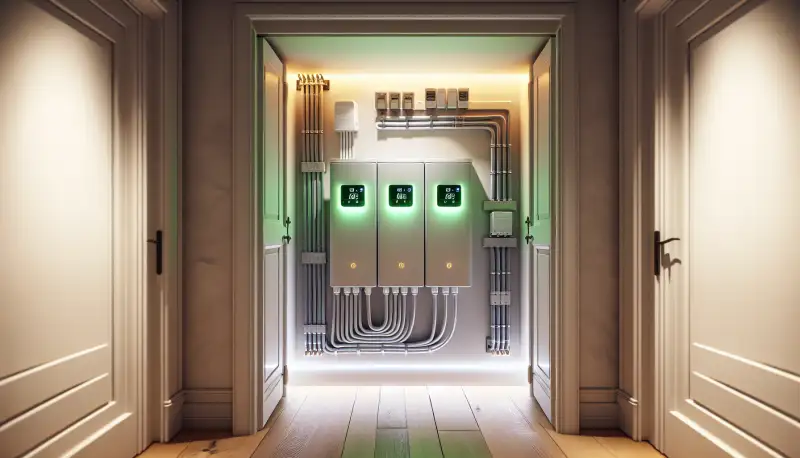 Moderner Batteriespeicher an der Wand eines Technikraums in einem Münsteraner Eigenheim