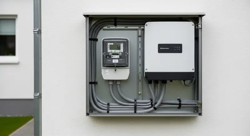 Modern German electrical meter cabinet (Zählerschrank) with smart meter and solar inverter connection, clean technical installation
