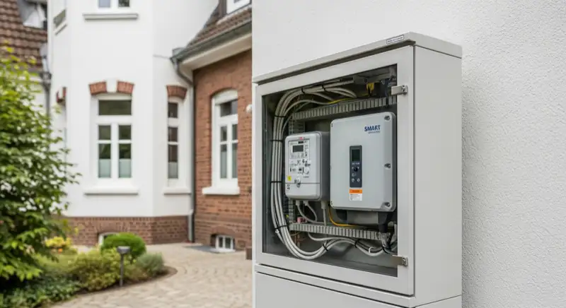 Modern German electrical meter cabinet (Zählerschrank) with smart meter and solar inverter connection, clean technical installation